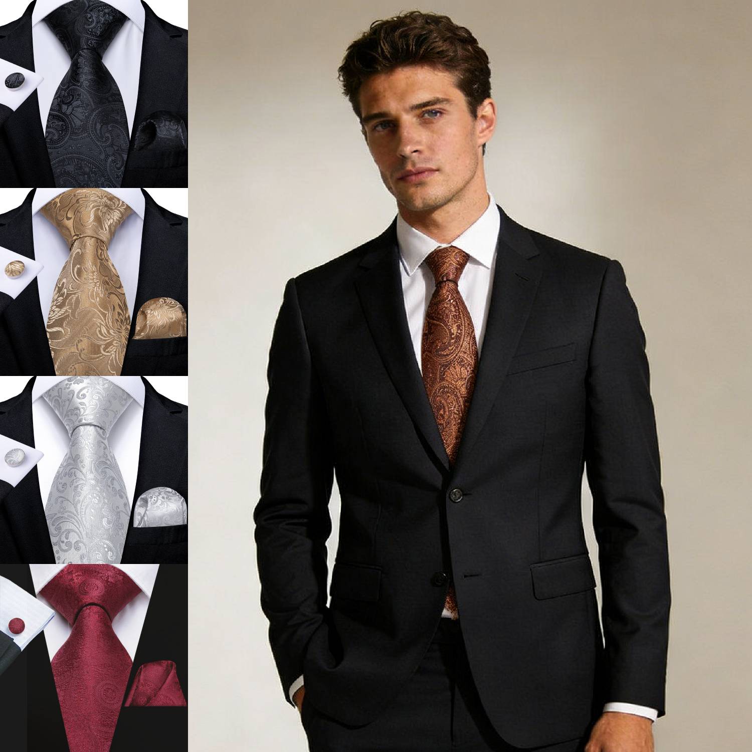 Silk Tie Striped - ชุดเนคไทสำหรับผู้ชาย, อุปกรณ์เสริมงานแต่งงาน 3 ชิ้น พร้อมกระดุมข้อมือและผ้าเช็ดหน้า, ลายทาง/ลายดอกไม้