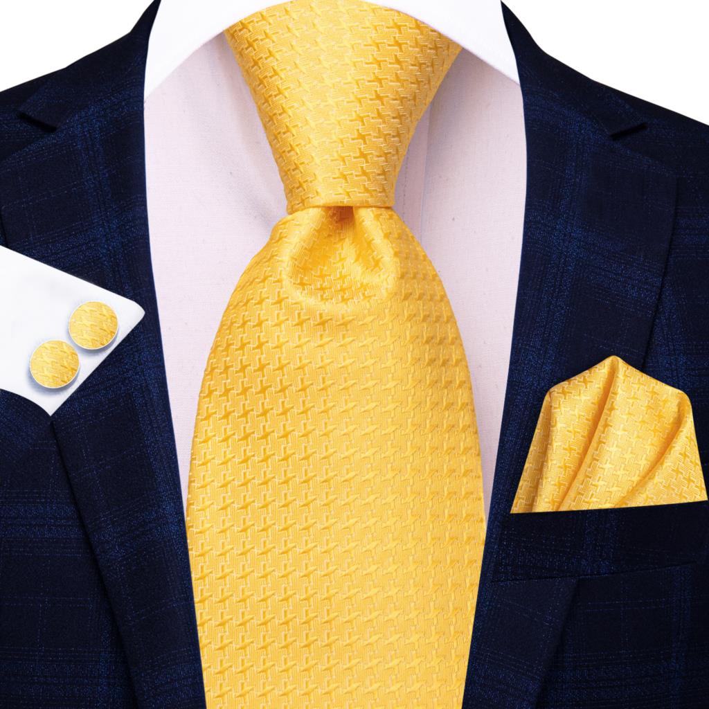 Silk Tie Striped - ชุดเนคไทสำหรับผู้ชาย ลายจุดสีทองเหลือง สำหรับงานแต่งงาน พร้อมผ้าเช็ดหน้า กระดุมข้อมือ ชุดเนคไท