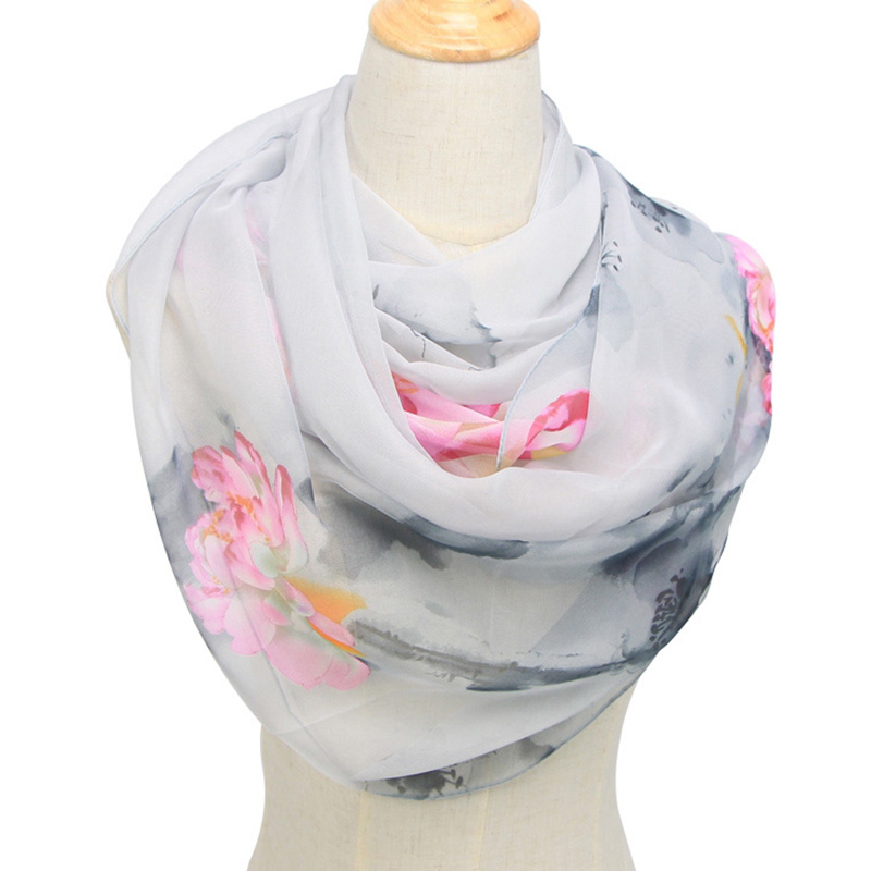 Face Scarf Mask - แฟชั่นผู้หญิงบางยาวชีฟองดอกไม้พิมพ์ผ้าพันคอผ้าพันคอฤดูใบไม้ผลิโพลีเอสเตอร์ Lotus รูปแบบ Soft ผ้าคลุมไหล่ผ้าพันคอ N49